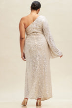 Load image into Gallery viewer, Silver Sequined One Sleeve Cocktail High Slit Maxi Dress-Plus Size Dream Girl

