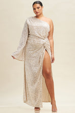 Load image into Gallery viewer, Champagne Gold Sequined One Sleeve Cocktail High Slit Maxi Dress-Plus Size Dream Girl
