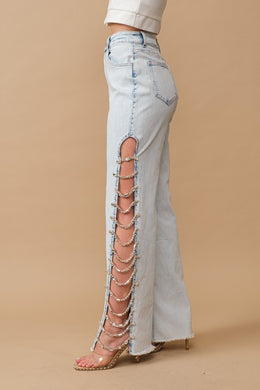Cut Out At Side w/ Jewel Trim Stretch Denim Jeans-Plus Size Dream Girl