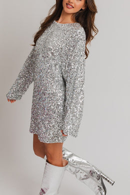 Silver Loose FIt Long Sleeve Sequin Mini Dress-Plus Size Dream Girl