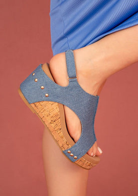 Beautiful Denim Cork Style Wedge Sandals-Plus Size Dream Girl