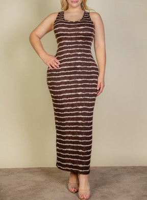 Plus Size Tie Dye Brown Printed Tank Bodycon Maxi Dress-Plus Size Dream Girl