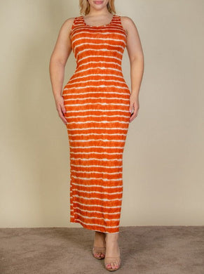 Plus Size Tie Dye Mango Orange Printed Tank Bodycon Maxi Dress-Plus Size Dream Girl