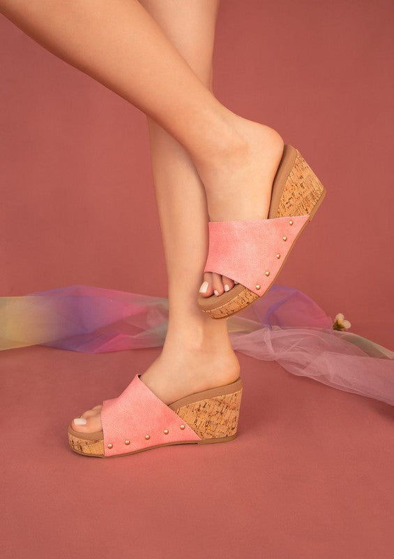 Fuschia Pink Soft Leather Cork Wedge Sandals-Plus Size Dream Girl