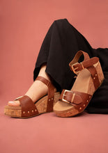 Load image into Gallery viewer, Round Studded Cognac Brown Cork Style Wedge Sandals-Plus Size Dream Girl
