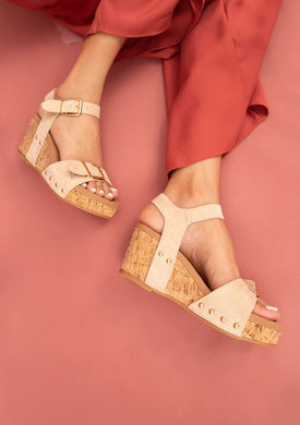 Round Studded Beige Cork Style Wedge Sandals-Plus Size Dream Girl