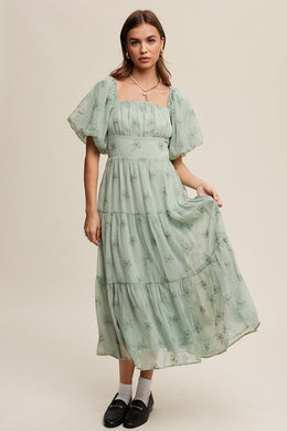 Flower Embroidered Puff Sleeve Tiered Maxi Dress-Plus Size Dream Girl