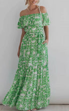 Load image into Gallery viewer, Boho Green Floral Ruffled Off the Shoulder Maxi Dress-Plus Size Dream Girl
