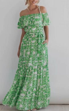Boho Green Floral Ruffled Off the Shoulder Maxi Dress-Plus Size Dream Girl