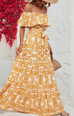 Boho Yellow Floral Ruffled Off the Shoulder Maxi Dress-Plus Size Dream Girl