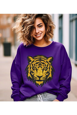 Tiger Head Purple Gold Graphic Fleece Sweatshirts-Plus Size Dream Girl
