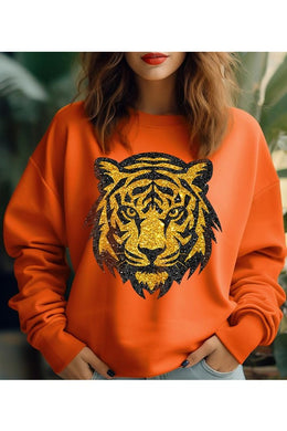 Tiger Head Orange Graphic Fleece Sweatshirts-Plus Size Dream Girl