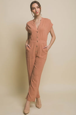 Casual Chic Coral Short Sleeve V-Neck Pocketed Jumpsuit-Plus Size Dream Girl