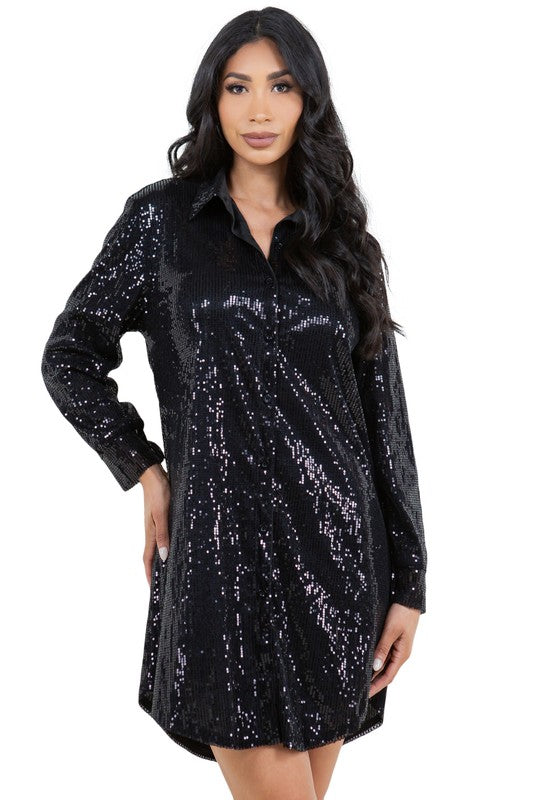 Black Sequin Long Sleeve Loose Fit Shirt Dress-Plus Size Dream Girl