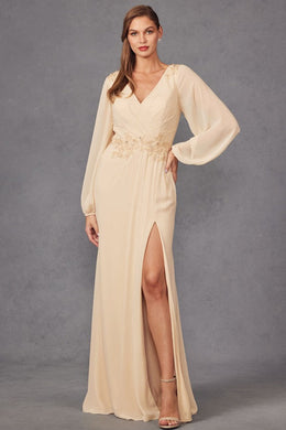 Beautiful Beige Long Sleeve Embroaidered High Slit Gown-Plus Size Dream Girl