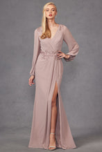 Load image into Gallery viewer, Beautiful Beige Long Sleeve Embroaidered High Slit Gown-Plus Size Dream Girl

