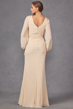 Load image into Gallery viewer, Beautiful Beige Long Sleeve Embroaidered High Slit Gown-Plus Size Dream Girl
