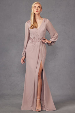 Beautiful Mauve Pink Long Sleeve Embroaidered High Slit Gown-Plus Size Dream Girl