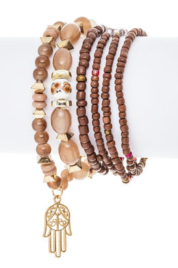 Hamsa Charm Brown Mix Beads Bracelet Set-Plus Size Dream Girl