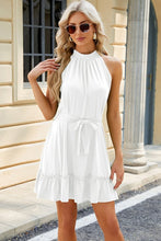 Load image into Gallery viewer, Grecian Halter White Sleeveless Belted Ruffle Mini Dress-Plus Size Dream Girl
