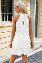 Load image into Gallery viewer, Grecian Halter White Sleeveless Belted Ruffle Mini Dress-Plus Size Dream Girl
