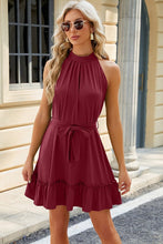 Load image into Gallery viewer, Grecian Halter Wine Red Sleeveless Belted Ruffle Mini Dress-Plus Size Dream Girl
