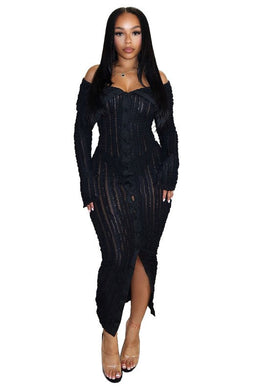 Chic Textured Black Off Shoulder Long Sleeve Maxi Dress-Plus Size Dream Girl