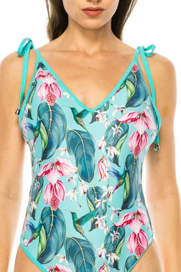 Turquoise Tie Shoulder White Tropical One Piece Swimsuit-Plus Size Dream Girl