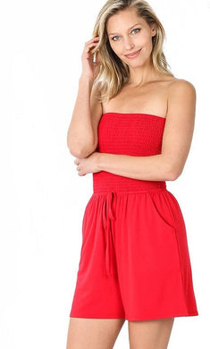 Smocked Spring Red Tube Shorts Romper with Pockets-Plus Size Dream Girl
