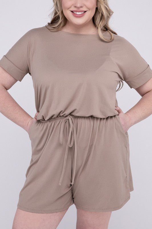 Plus Size Casual Coral Short Sleeve Drawstring Shorts Romper with Pockets-Plus Size Dream Girl
