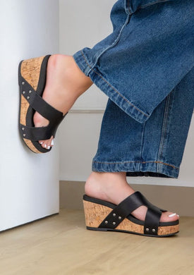 Pretty Stylish Black Open Toe Cork Style Wedge Sandals-Plus Size Dream Girl