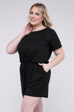 Load image into Gallery viewer, Plus Size Casual Mocha Short Sleeve Drawstring Shorts Romper with Pockets-Plus Size Dream Girl
