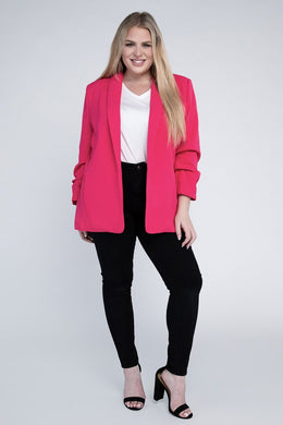 Plus Size Hot Pink Long Sleeve Shawl Lapel Blazer-Plus Size Dream Girl