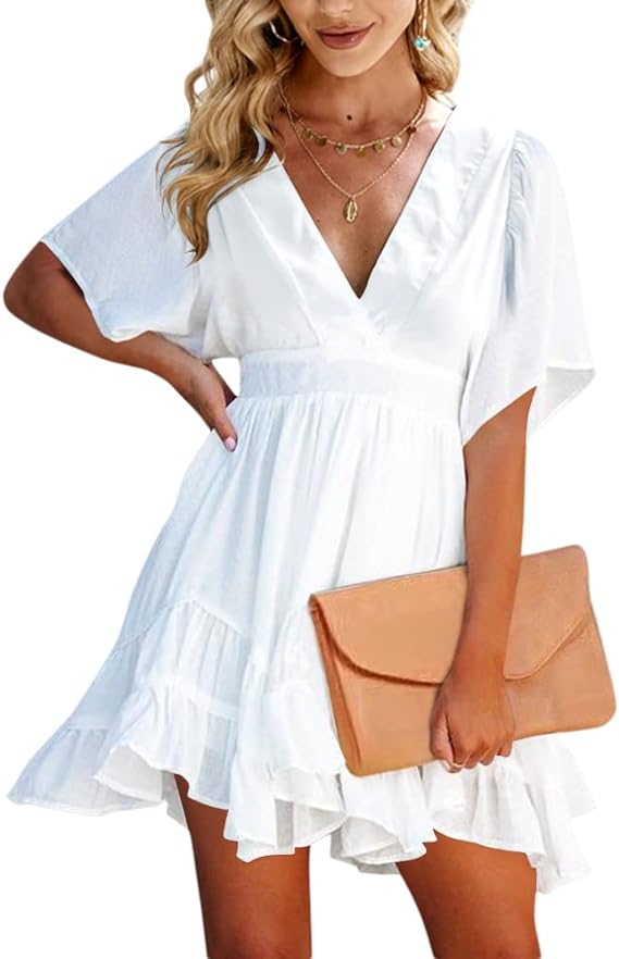 Summer White Ruffled V Neck Mini Dress-Plus Size Dream Girl