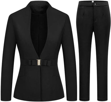 Mandarin Black Collar Buckle Belted Women's Business Suit-Plus Size Dream Girl