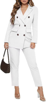 White Double Breasted Long Sleeve Blazer Suit Set-Plus Size Dream Girl