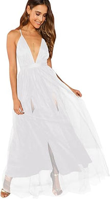 Chiffon White Tulle Mesh Sleeveless Cocktail Maxi Dress-Plus Size Dream Girl