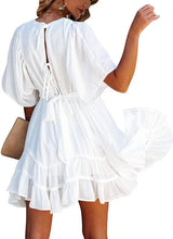 Load image into Gallery viewer, Summer White Ruffled V Neck Mini Dress-Plus Size Dream Girl
