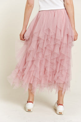 Rose Pink Layered Tulle Polka Dor Mesh Skirt-Plus Size Dream Girl