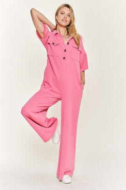 Fashionable Pink Basic Collar Shirt Wide leg Jumpsuit-Plus Size Dream Girl