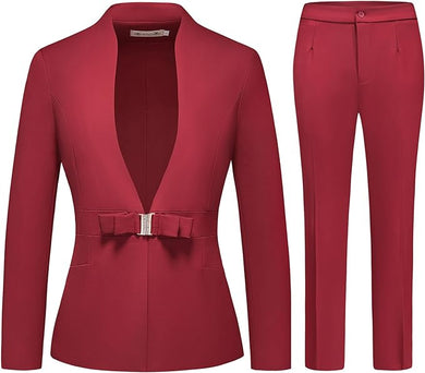 Mandarin Red Collar Buckle Belted Women's Business Suit-Plus Size Dream Girl