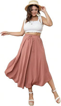 Load image into Gallery viewer, High Waist Dusty Pink Flare Tie Maxi Skirt-Plus Size Dream Girl
