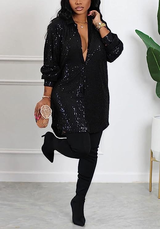 Party Style Black Sequin Long Sleeve Shirt Dress-Plus Size Dream Girl