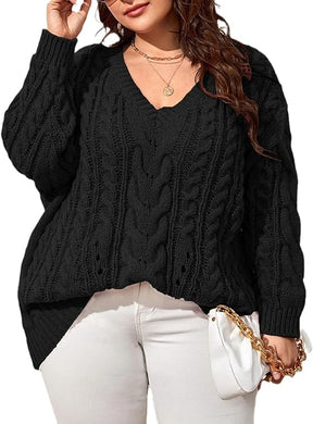 Plus Size Black V Neck Cable Knit Long Sleeve Sweater-Plus Size Dream Girl