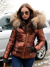 Load image into Gallery viewer, Faux Fur Hooded Metallic Long Sleeve Puffer Jacket-Plus Size Dream Girl
