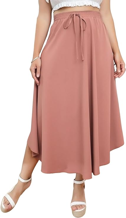 High Waist Dusty Pink Flare Tie Maxi Skirt-Plus Size Dream Girl