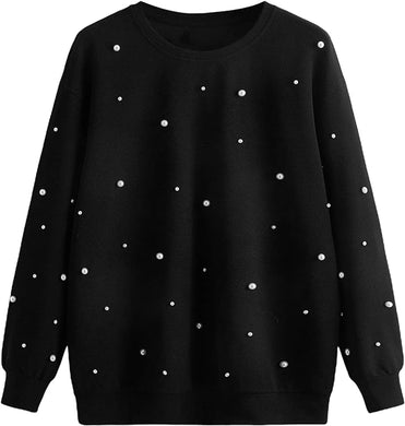 Plus Size Black Pearl Studded Long Sleeve Pull Over Sweatshirt-Plus Size Dream Girl