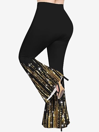 High Waist Black w/Gold Sparkles Flare Pants-Plus Size Dream Girl