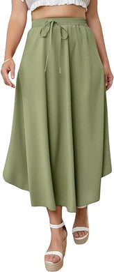 High Waist Sage Green Flare Tie Maxi Skirt-Plus Size Dream Girl