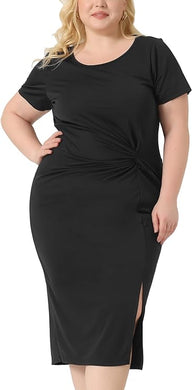 Plus Size Black Twist Front Short Sleeve Midi Dress-Plus Size Dream Girl
